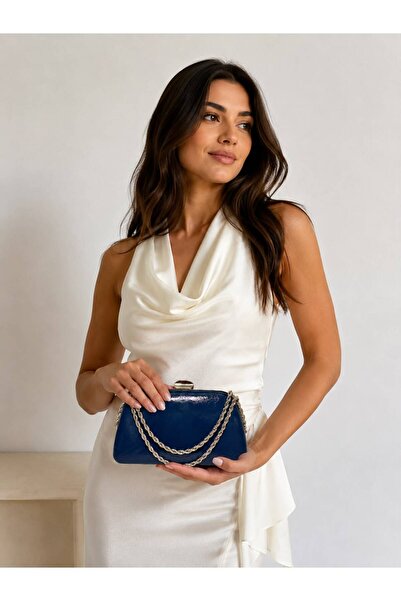 womenacs Navy Blue Color Rustic Material Design Evening Dress Clutch with Cha...