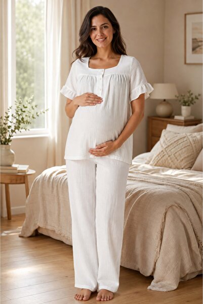 ByLohusa Soft Textured Muslin Fabric Maternity Set Effortt - Ecru