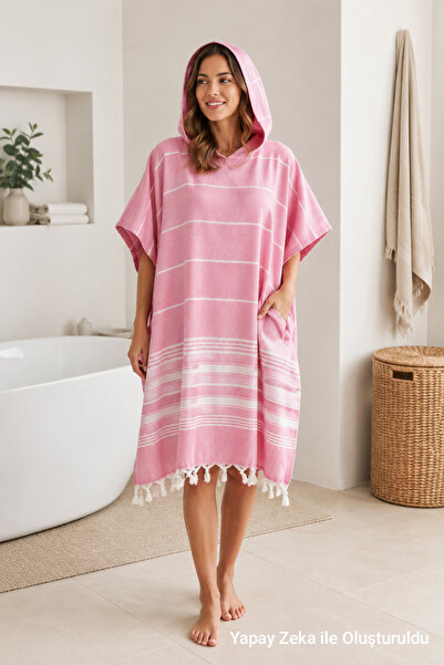 HOMENUP Women's Bathrobe Poncho Cotton Peshtamal Beach Towel