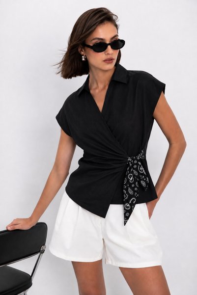 DI LORIA Women's Black Linen and Cotton Blend Double-Breasted Collar Asymmetrical Shirt with Shawl Belt Detail