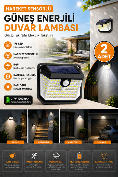 ALFAGİFT 2 Adet Güneş Enerjili Hareket Sensörlü 178 LED IP65 Dış Mekân Duvar ...
