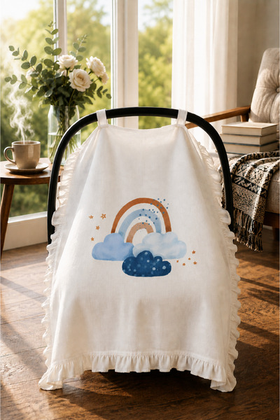 bebeqon 100% Muslin Baby Stroller Cover with Ruffles, Blue Rainbow Pattern, W...
