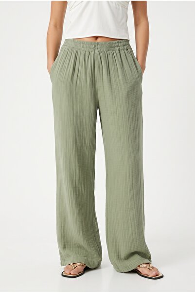 Ritnice Women's Maja 100% Cotton Muslin Elastic Waist Khaki Trousers