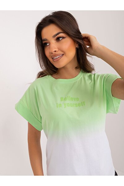 TRENDY.İNG Tricou din bumbac verde deschis ombre cu inscriptie