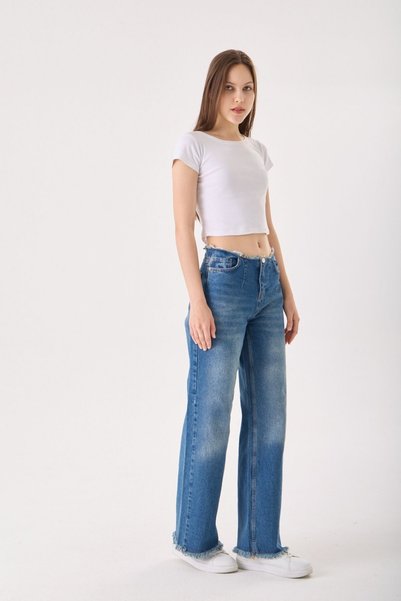 happinice Modern Cut High Waist Tassel Detailed Jean Trousers