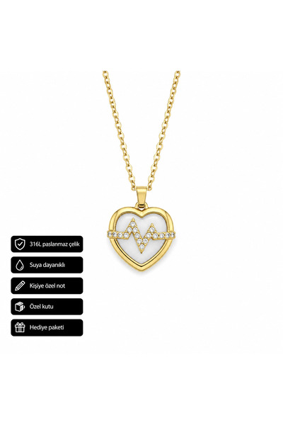 HER ŞEY NOTA www.herseynota.com Heart Ecg Figured Gold Color 316L Steel Neckl...