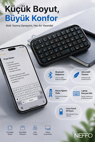NEFFO Mini Kablosuz Bluetooth Klavye USB Şarjlı Taşınabilir Klavye