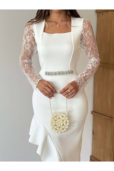 ADAMODA.RO Κομψό μίντι φόρεμα με δαντέλα και λεπτομέρειες με βολάν