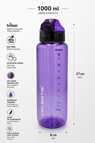 Tritan Otomatik Kapaklı Su Matarası-1000ML