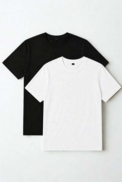 COTTONLAB Men's Slim Fit Crew Neck 100% Cotton Slim Fit White - Black Basic T...