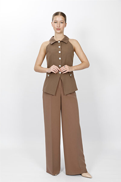 ÖNDER ÖZSOY Shirt Collar Model Vest Set 1535522-Brown - 1535522