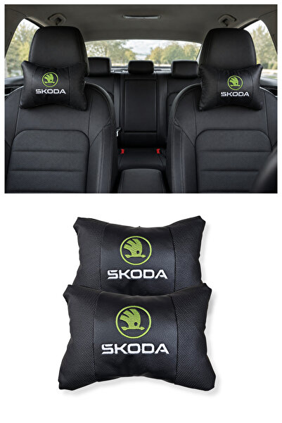TUSBA MARKET Skoda Ορθοπεδικό Δερμάτινο Μαξιλάρι Αυχένα Αυτοκινήτου με Κέντημ...