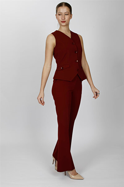 ÖNDER ÖZSOY طقم سترة بأزرار وياقة على شكل حرف V مع غطاء زخرفي 1530506-عنابي -...