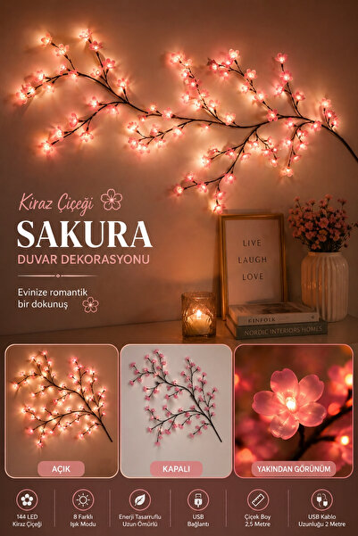 RMSGRUP Kiraz Çiçeği Sakura LED Duvar Dekoru – 144 LED Ağaç Dalı Işık, 8 Mod, Kumandalı