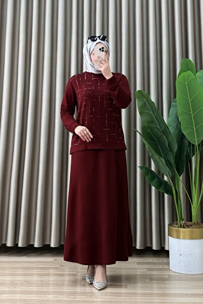 ALYA Piraye Etekli Takım kristal Kumaş Kadın Bordo Renk Desenli Etekli Tesett...