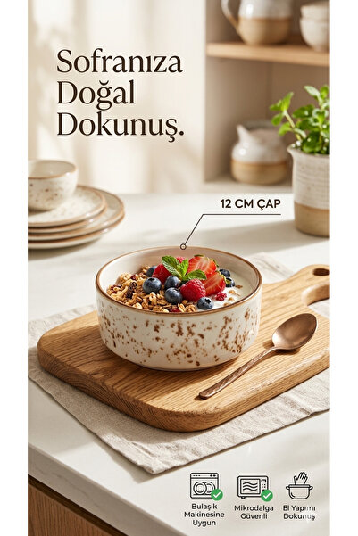 porselen 6 LI SET Kase 12 cm - Doğal Dokulu Çorba, Kahvaltılık ve Sunum Kasesi
