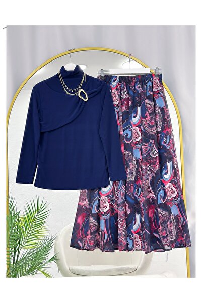 YEDİLALE Buckle-Strap High Collar Sandy Blouse Chiffon Skirt Two-Piece Set