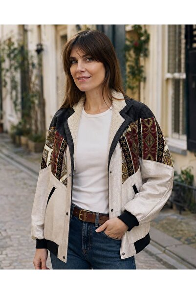 CANMODA (7970) Recien Unisex Γούνινο Γιακά Vintage Αζτέκικο Μπουφάν Oversize ...