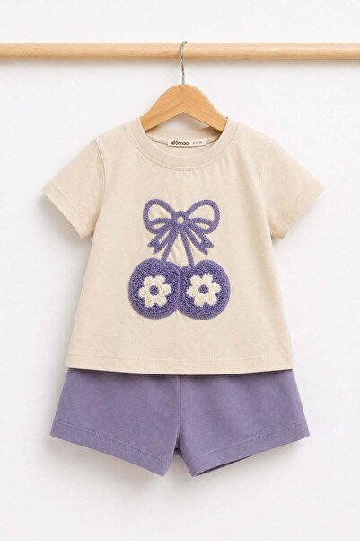 dinamik çocuk Baby Girl 2-Piece Summer Set Cherry Embossed Embroidered T-Shir...