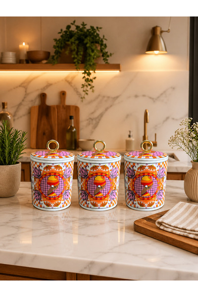 Bibo Home Kahve Köşesi Seti Baharatlık 3 lü African Desen Turuncu Halka Gold