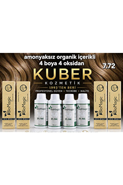 BIOMAGIC 7.72 Küllü Kumral Organik İçerikli Amonyaksız Kalıcı Saç Boyası 4Boy...