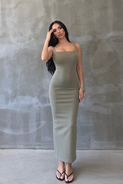 OKSOCOLLECTİON Kare Yaka Askılı Uzun Elbise
