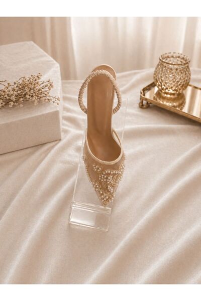 FİORE WOMEN Cream Lace Pearl Embroidered Summer Women's Heeled Shoes