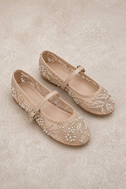 Demirsa Boutique Women's Beige Lace Beaded Embroidered Mesh Ballerinas