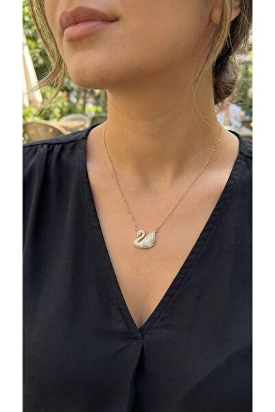 Clariss Steel Chain Gold Color Zircon Stone Swan Necklace
