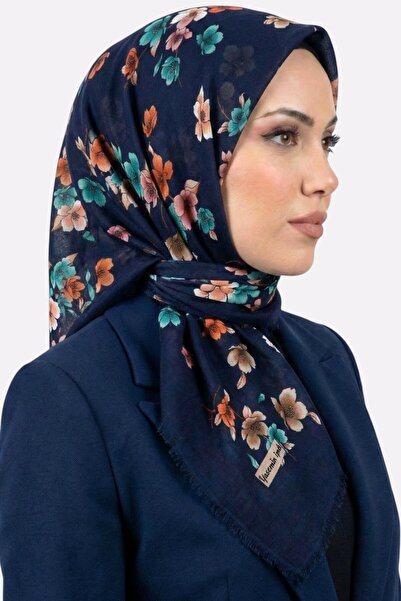 hadiora Women's Navy Blue Floral Patterned Flared Scarf