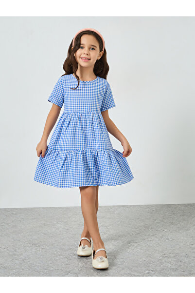 Take Two By Styli Girls Checked Short Sleeve Tiered Dress