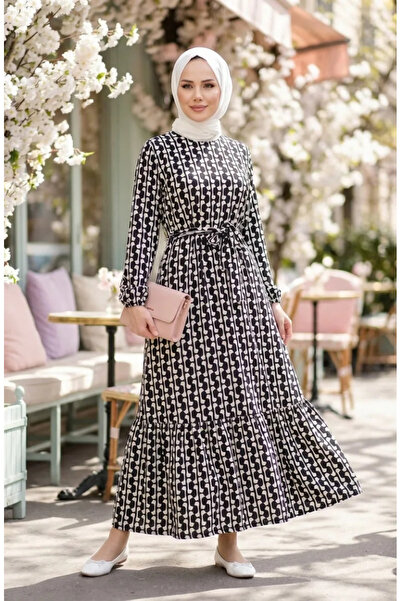 sefamerve Digital Printed Drawstring Belted Dress 1006A-01 Black and White