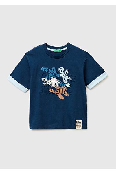 United Colors of Benetton Boys' navy blue crew neck t-shirt with printed hem ...