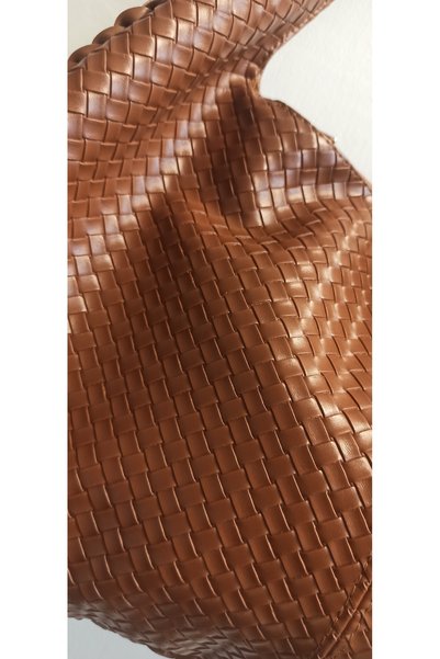 MATRUŞKA DERİ SANAT TASARIM Large Size Shoulder Bag with Straw Pattern (Tan)