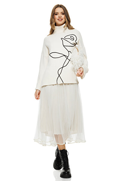 Fofy Compleu dama elegant crem cu angora pulover pe gat cu trandafir si rochi...