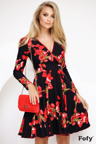 Fofy Rochie clos cu imprimeu floral rosu si decolteu parte peste parte