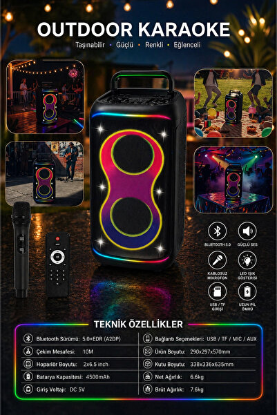 Blackbird Game Center Hepu HP-S60 6000W Işıklı Karaoke Hoparlörü - Kablosuz Mikrofon Setli Parti Hoparlörü