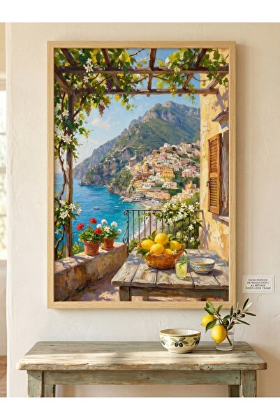 DEKORASOR İtalya Positano Manzaralı Akdeniz Esintili Yağlı Boya Dokulu Ahşap ...