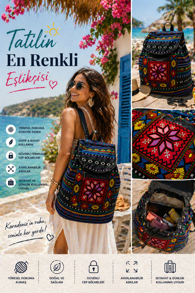 Munico El Emeği Kilim Desenli Sırt Çanta Doğa Dostu Kumaş Güvenli Fermuarlı B...