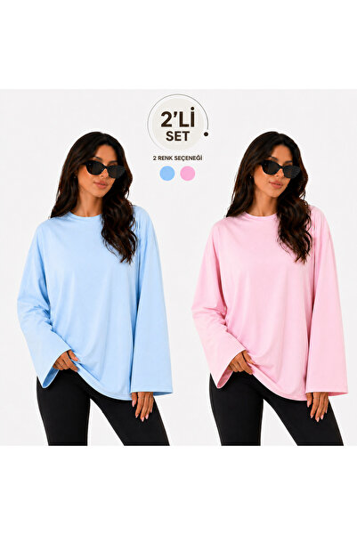 ELİSSE Kadın 2’li Set Oversize Basic Uzun Kollu Tişört Mavi Pembe Salaş Rahat...