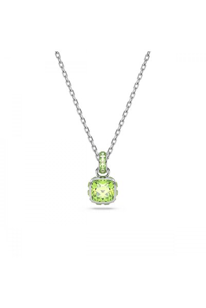 Swarovski Birthstone Kolye Kare Kesim Ağustos Yeşil Rodyum Kaplama