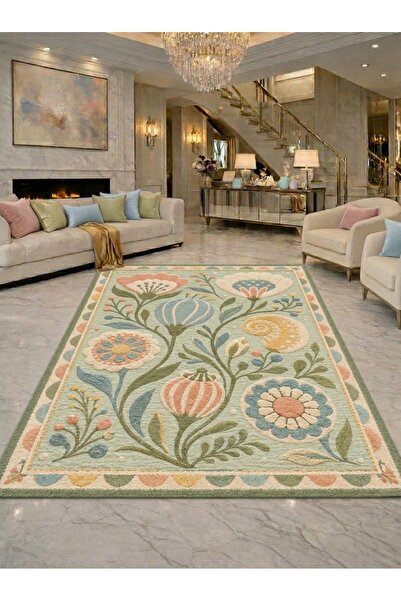 Rugs Modern Halı SDT Pastel Çiçek Bahçesi Motifli Yeşil Zeminli Dokuma Taban ...
