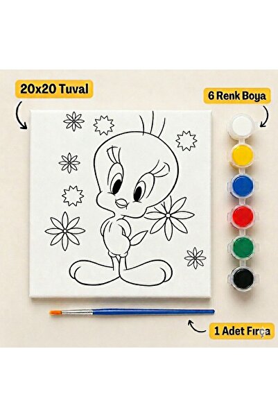 Sev-AL Balonları Sevimli Kuş Boyama Tuvali Seti 20x20 cm – 6 Renk Boya ve Fır...