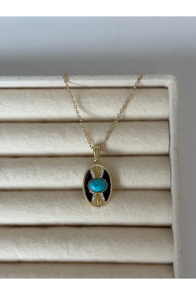 BERFACCESSORIES Turquoise Stone Oval Steel Necklace