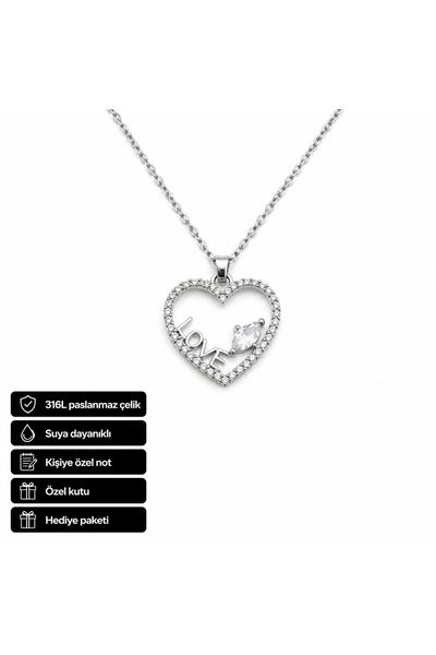 HER ŞEY NOTA www.herseynota.com Heart Detailed Love Written 316L Stainless St...