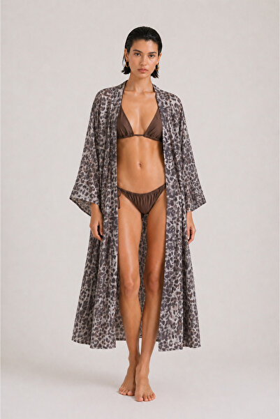 VOOA Leopar Desenli Standart Beden Uzun Kimono, 36-44 Beden Arası Uyumlu