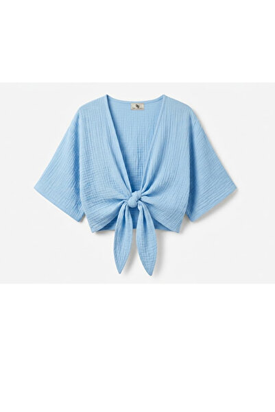 Beyza Yalçınkaya %100 Pamuk Kimono Görünümlü Önden Bağlamalı Crop Bluz - Kate...