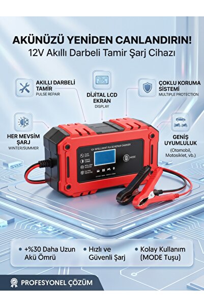 12V 6A Akıllı Darbeli Akü Şarj Cihazı | LCD Ekranlı Profesyonel Onarım Modlu Araba Motosiklet Akü Şarj Cihazı