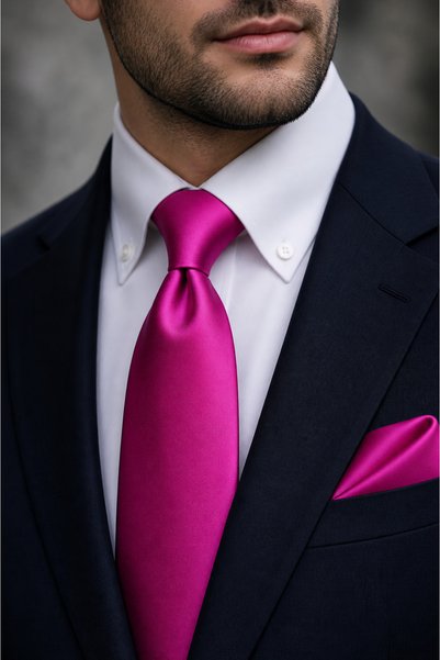 kravatçı Set cravată și batistă din satin fucsia