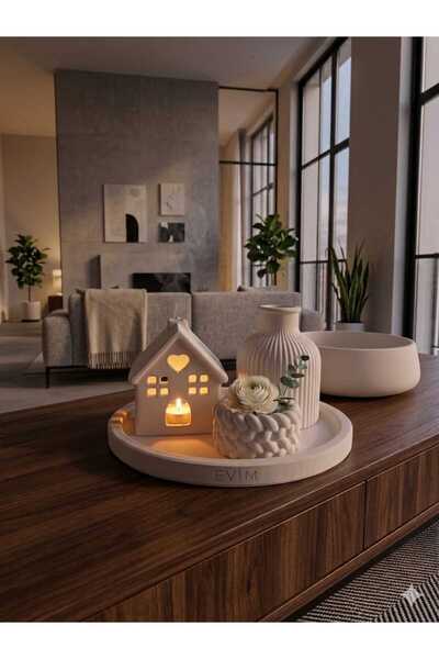 SCA CANDLE Dekoratif yuvarlak tepsi+1 adet dekoratif ev+burgu mumluk+1 adet v...
